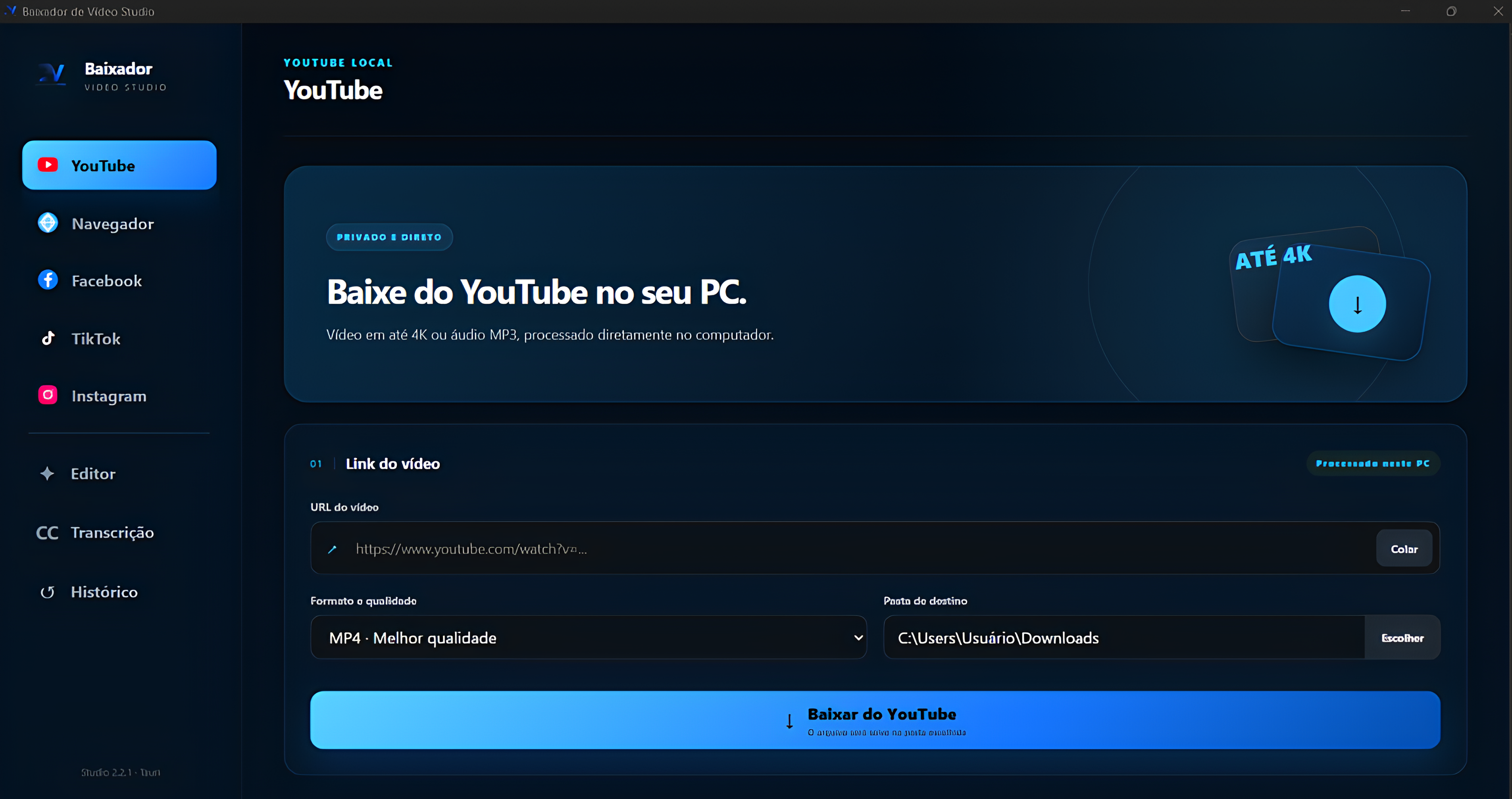 Tela atual do Baixador de Vídeo Studio